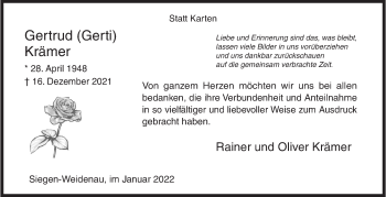 Traueranzeige von Gertrud Krämer von Siegener Zeitung