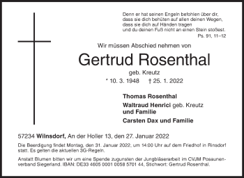 Traueranzeige von Gertrud Rosenthal von Siegener Zeitung