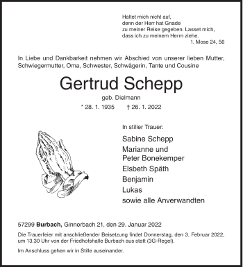 Traueranzeige von Gertrud Schepp von Siegener Zeitung