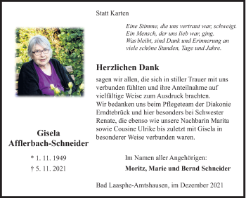 Traueranzeige von Gisela Afflerbach-Schneider von Siegener Zeitung