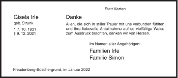 Traueranzeige von Gisela Irle von Siegener Zeitung