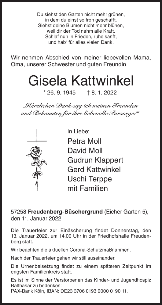  Traueranzeige für Gisela Kattwinkel vom 11.01.2022 aus Siegener Zeitung