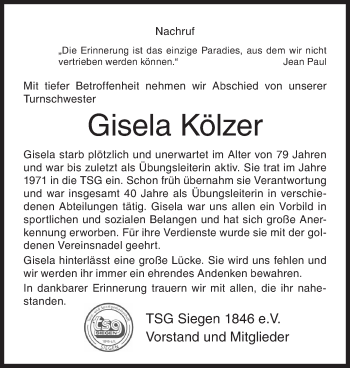Traueranzeige von Gisela Kölzer von Siegener Zeitung