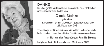 Traueranzeige von Gisela Steinke von Siegener Zeitung