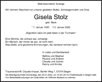 Traueranzeige von Gisela Stolz von Siegener Zeitung