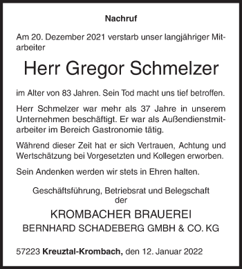 Traueranzeige von Gregor Schmelzer von Siegener Zeitung