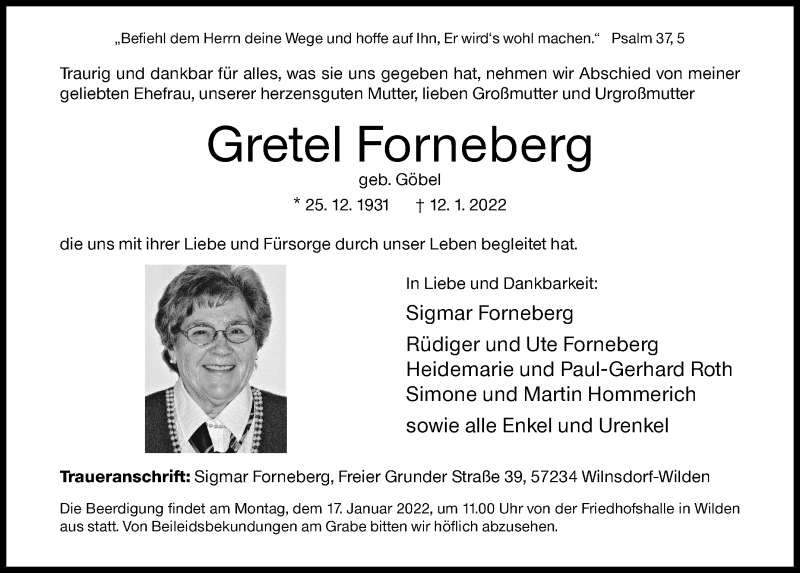  Traueranzeige für Gretel Forneberg vom 14.01.2022 aus Siegener Zeitung