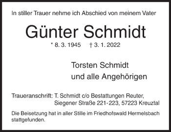 Traueranzeige von Günter Schmidt von Siegener Zeitung