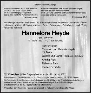 Traueranzeige von Hannelore Heyde von Siegener Zeitung