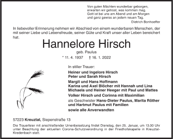 Traueranzeige von Hannelore Hirsch von Siegener Zeitung