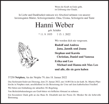 Traueranzeige von Hanni Weber von Siegener Zeitung