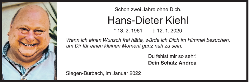  Traueranzeige für Hans-Dieter Kiehl vom 12.01.2022 aus Siegener Zeitung