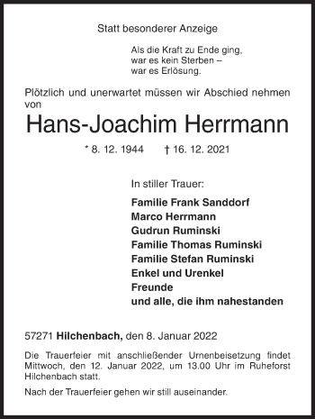 Traueranzeige von Hans-Joachim Herrmann von Siegener Zeitung