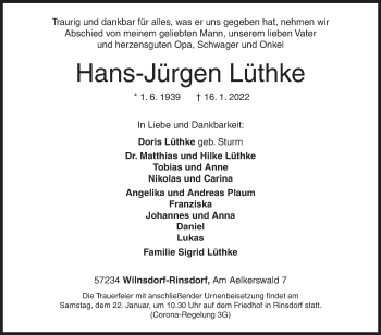 Traueranzeige von Hans-Jürgen Lüthke von Siegener Zeitung