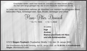 Traueranzeige von Hans-Peter Dominik von Siegener Zeitung