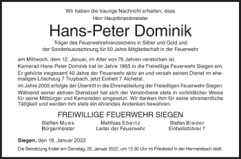 Traueranzeige von Hans-Peter Dominik von Siegener Zeitung