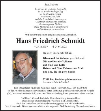Traueranzeige von Hans Friedrich Schmidt von Siegener Zeitung