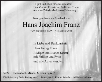 Traueranzeige von Hans Joachim Franz von Siegener Zeitung