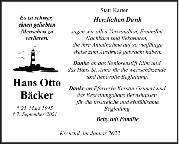 Traueranzeige von Hans Otto Bäcker von Siegener Zeitung