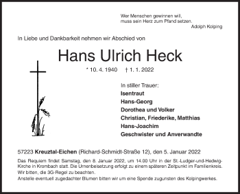 Traueranzeige von Hans Ulrich Heck von Siegener Zeitung