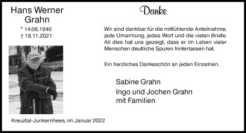 Traueranzeige von Hans Werner Grahn von Siegener Zeitung