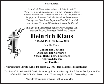 Traueranzeige von Heinrich Klaus von Siegener Zeitung
