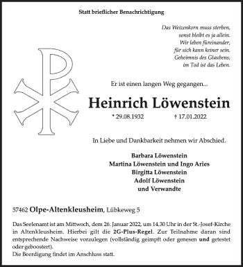 Traueranzeige von Heinrich Löwenstein von Siegener Zeitung