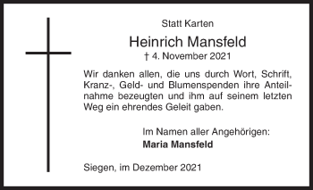 Traueranzeige von Heinrich Mansfeld von Siegener Zeitung