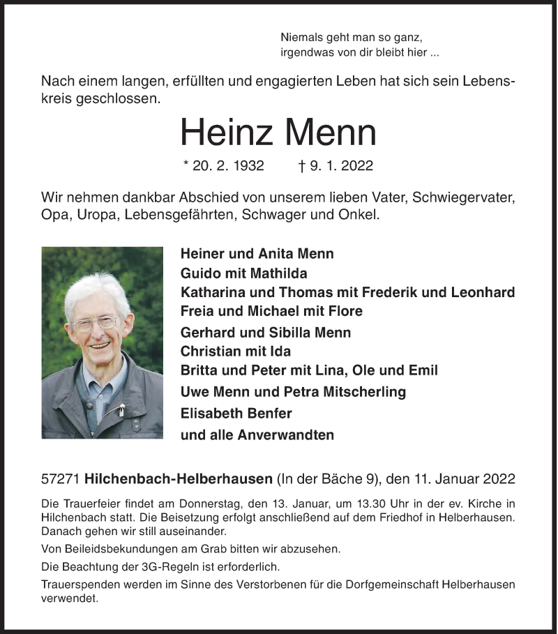  Traueranzeige für Heinz Menn vom 11.01.2022 aus Siegener Zeitung