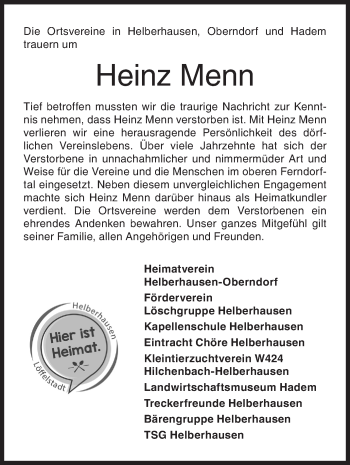 Traueranzeige von Heinz Menn von Siegener Zeitung
