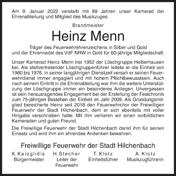 Traueranzeige von Heinz Menn von Siegener Zeitung