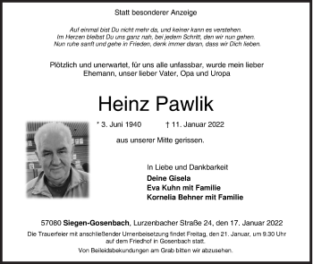 Traueranzeige von Heinz Pawlik von Siegener Zeitung