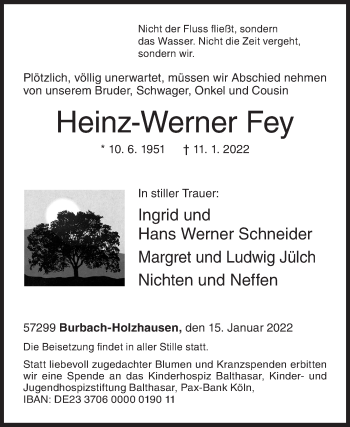 Traueranzeige von Heinz-Werner Fey von Siegener Zeitung