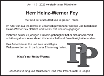 Traueranzeige von Heinz-Werner Fey von Siegener Zeitung