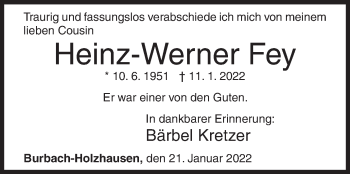 Traueranzeige von Heinz-Werner Fey von Siegener Zeitung