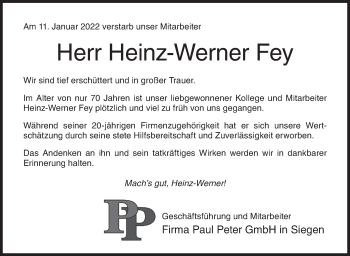 Traueranzeige von Heinz-Werner Fey von Siegener Zeitung