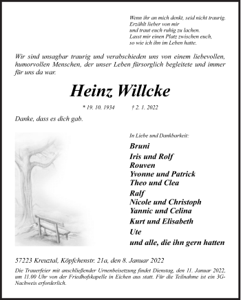 Traueranzeige von Heinz Willcke von Siegener Zeitung