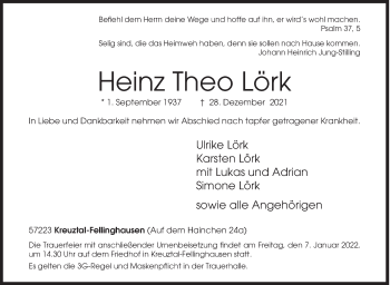 Traueranzeige von Heinz Theo Lörk von Siegener Zeitung