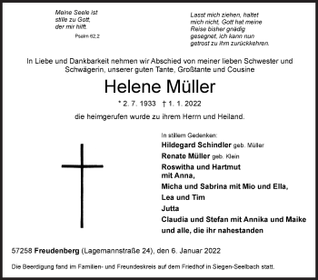 Traueranzeige von Helene Müller von Siegener Zeitung