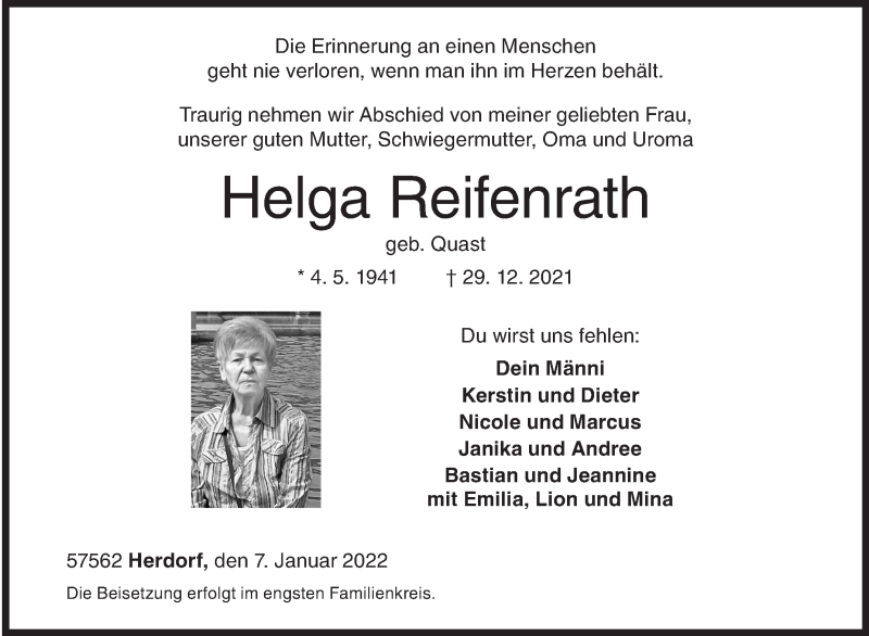  Traueranzeige für Helga Reifenrath vom 07.01.2022 aus Siegener Zeitung