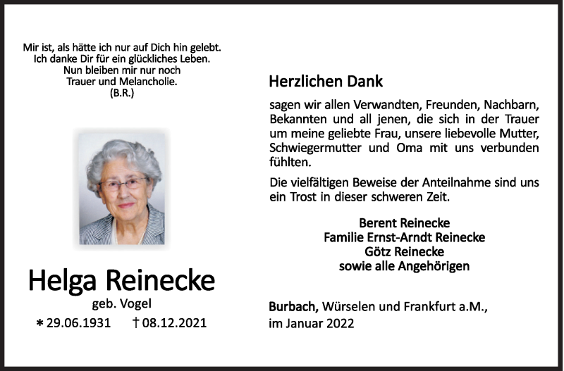  Traueranzeige für Helga Reinecke vom 15.01.2022 aus Siegener Zeitung