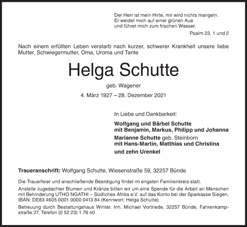  Traueranzeige für Helga Schutte vom 31.12.2021 aus Siegener Zeitung