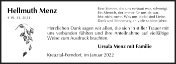 Traueranzeige von Hellmuth Menz von Siegener Zeitung