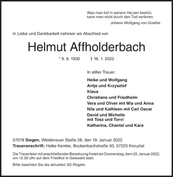 Traueranzeige von Helmut Affholderbach von Siegener Zeitung