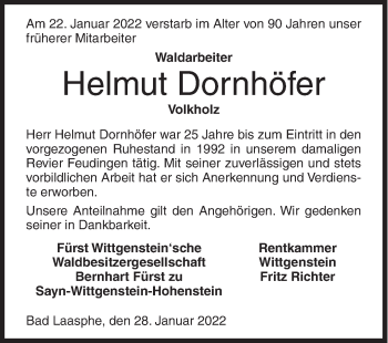 Traueranzeige von Helmut Dornhöfer von Siegener Zeitung