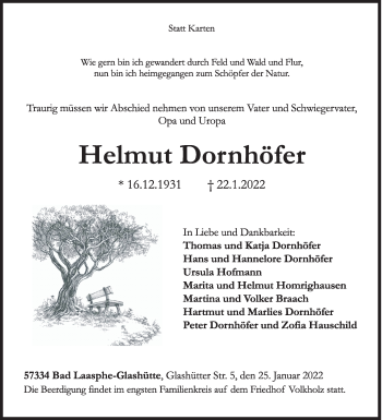 Traueranzeige von Helmut Dornhöfer von Siegener Zeitung