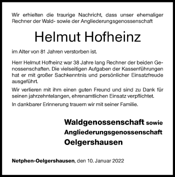 Traueranzeige von Helmut Hofheinz von Siegener Zeitung
