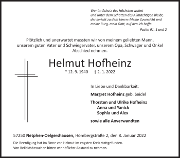 Traueranzeige von Helmut Hofheinz von Siegener Zeitung
