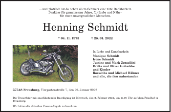 Traueranzeige von Henning Schmidt von Siegener Zeitung