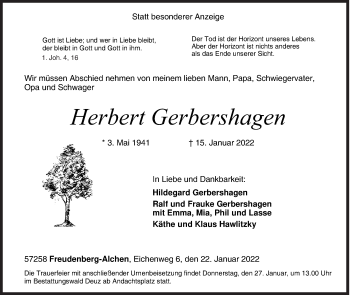 Traueranzeige von Herbert Gerbershagen von Siegener Zeitung
